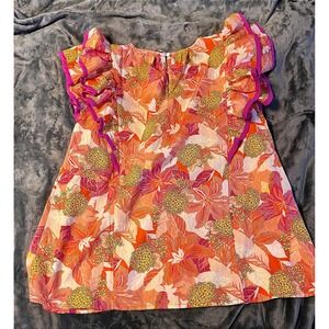 Entro Floral Ruffle Cap Sleeve Blouse Orange Pink Magenta T20217 Medium NWT